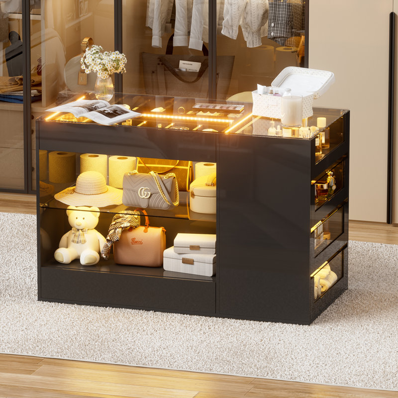 Îlot avec 8 tiroirs et rangement ouvert, commode à 1 tablette avec plateau en verre trempé, éclairage DEL, rangement pour bijoux