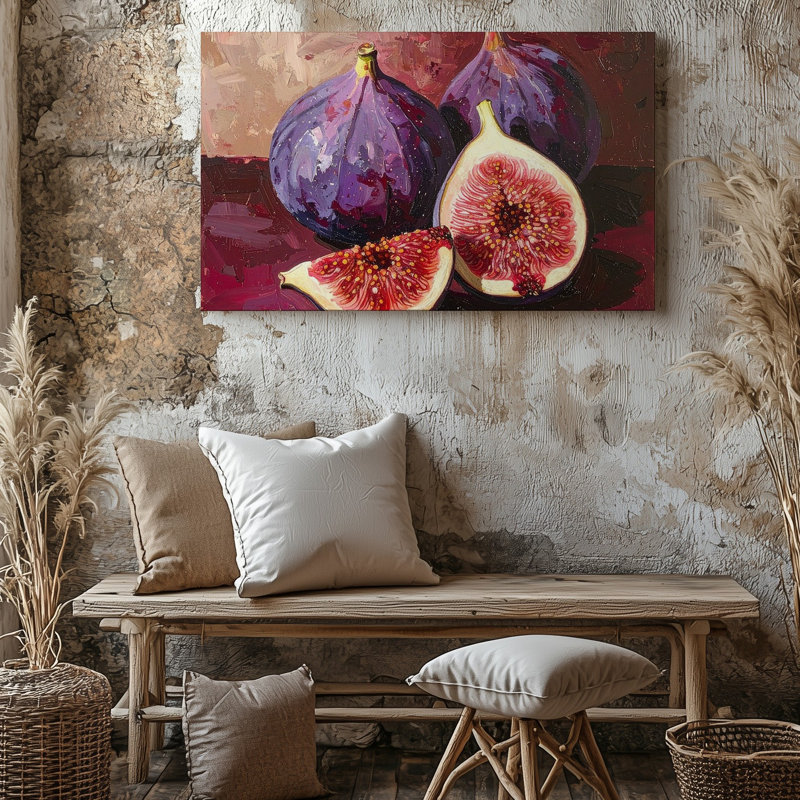 «Ripe Fig Cluster», peinture à l'huile sur toile avec fond texturé bourgogne, H 20 po x l 20 po