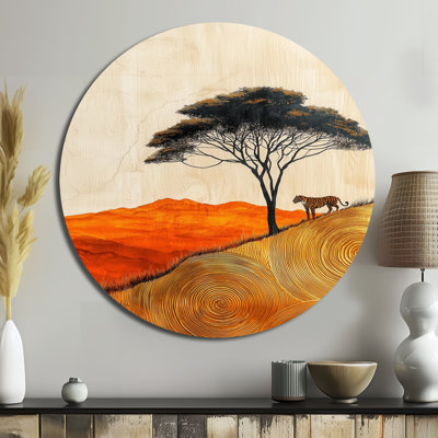 Tigre et racines de baobab d'Afrique II - art mural moderne en métal noir, impression ronde de tigre