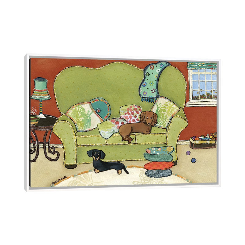 « Teckel Love » par Jamie Morath-impression, H 18 po x l 26 po x P 1,5 po, Toile blanche encadrée, Pas de tapis