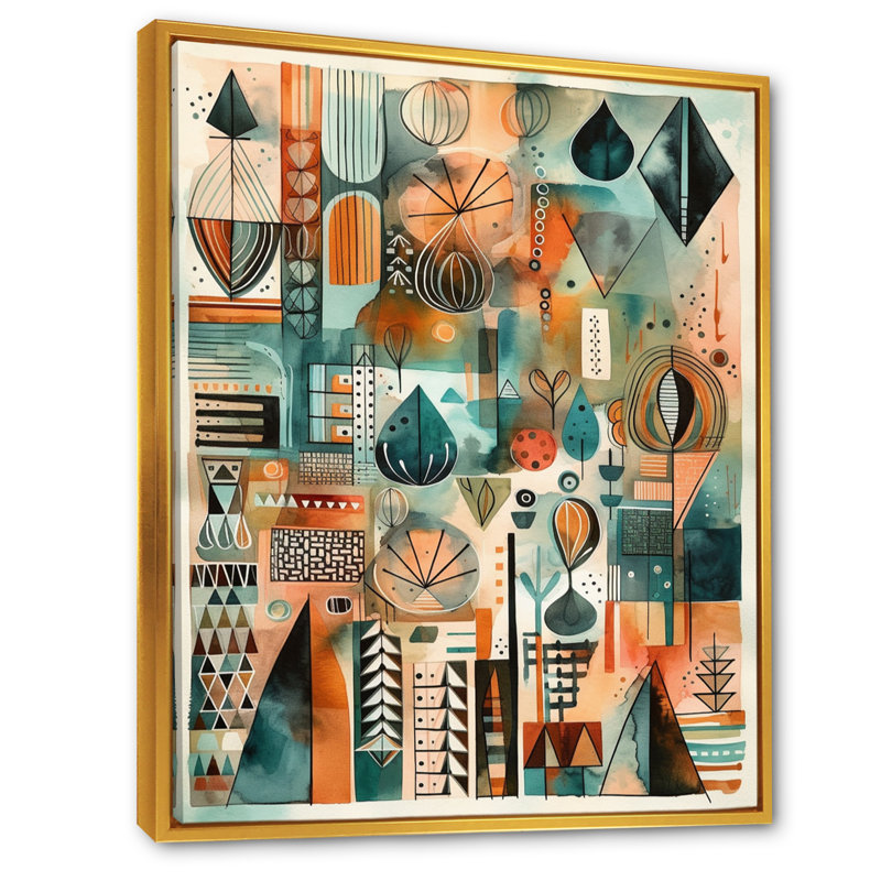 «Green and Orange Abstracted Vistas», impressions d'art abstrait paysage, H 20 po x l 12 po x P 1 po, Cadre flottant doré