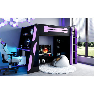 Twin Size Wood Loft Bed with Desk, Multi-storage Shelves, and RGB Light for Esports Enthusiasts