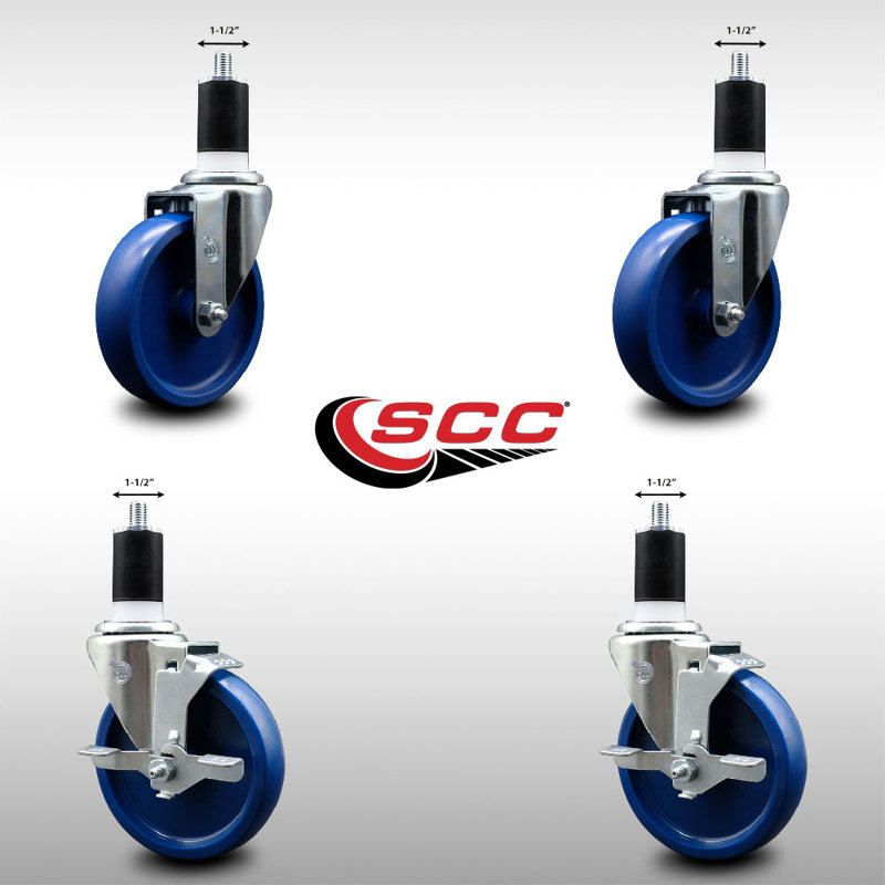 5 Inch SS Solid Poly Wheel Swivel 1-1/2 Inch Expanding Stem Caster Set 2 Brakes SCC