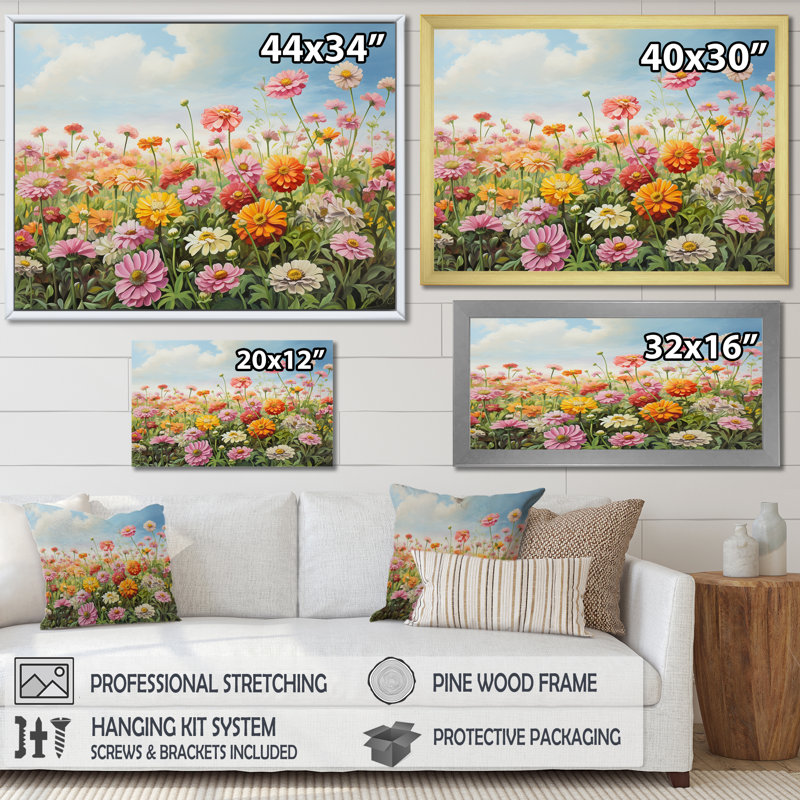 Zinnias Country Charm I sur impression sur toile, Cadre flottant doré, H 12 po x l 20 po x P 1 po