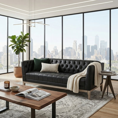 79.1" Chesterfield PU Leather Sofa - Tufted Back 3-Seater Couch with Solid Pine Wood Legs for Living Room and Office
