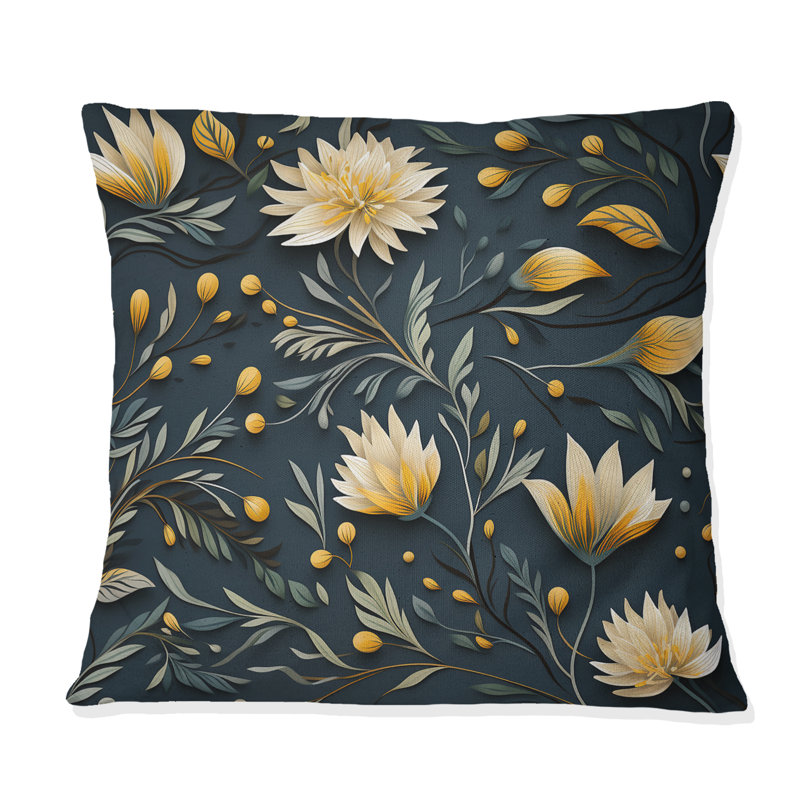 Coussin décoratif jaune et bleu avec fleurs tranquilles zen, H 16 po x l 16 po