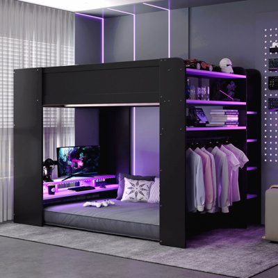 Full Size Wood Bunk Bed With Height-Adjustable Desk,Wardrobe,Ample Storage Space,And Rgb Light, Purple