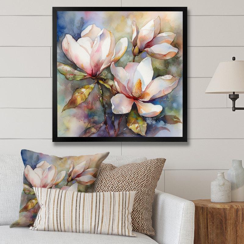 «Pink Magnolia Symphony III - Magnolias», reproduction sur toile encadrée, Cadre simple noir, H 24 po x l 24 po x P 1 po