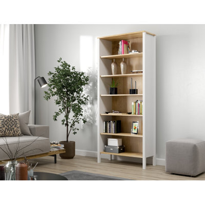 Bibliothèque moderne scandinave, 100% panneau de particules recouvert de mélamine, 32,7 x 76,4 x 13,8 pouces | Bande de chant de 0,7 pouce | Pieds en panneau de fibres à densité moyenne, poignées en métal, fixation murale, tablettes multiples, finition blanche et bois élégante