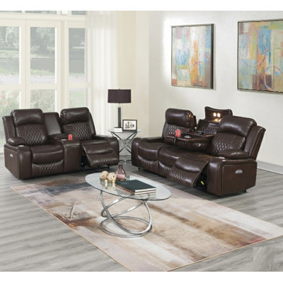 Ensemble de salon 2 pièces moderne et élégant Power Motion 1 x Causeuse 1 x Coussin d'accoudoir avec accoudoir intégré Port USB Repose-tête réglable Porte-gobelet Finition brune Mobilier de salon principal