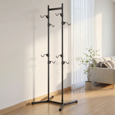Bike Stand for 4 Bikes, Freestanding Vertical Bike Storage Rack, with Height-Adjustable Hooks, Heavy-Duty Carbon Steel Garage Bicycle Floor Stand, Ideal for Garage, Apartment, Home, Black