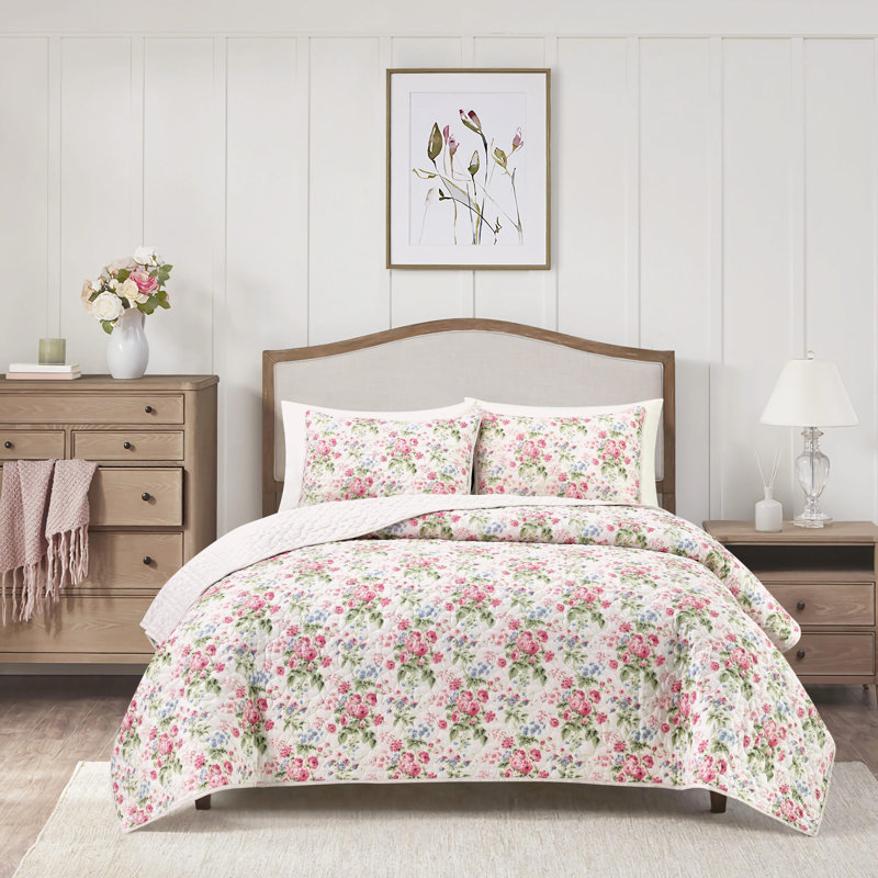 Ensemble de courtepointe réversible Laura Ashley, Courtepointe pour grand lit + 2 taies décoratives, Rose