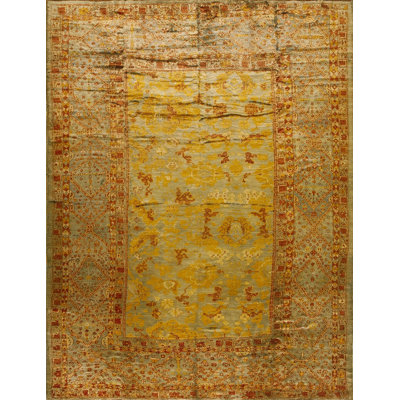 Rare Unusual Green and Gold Color Antique Turkish Room Size Angora Oushak Rug