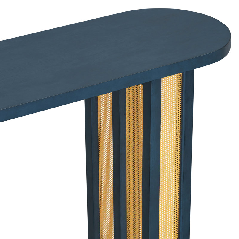 Table d'entrée polyvalente, style, rangement disponible, design Mid-Century, structure en bois massif, console ovale bleu marine, tissage, rangement, plateau de table étroit, bois, décoration de salon,