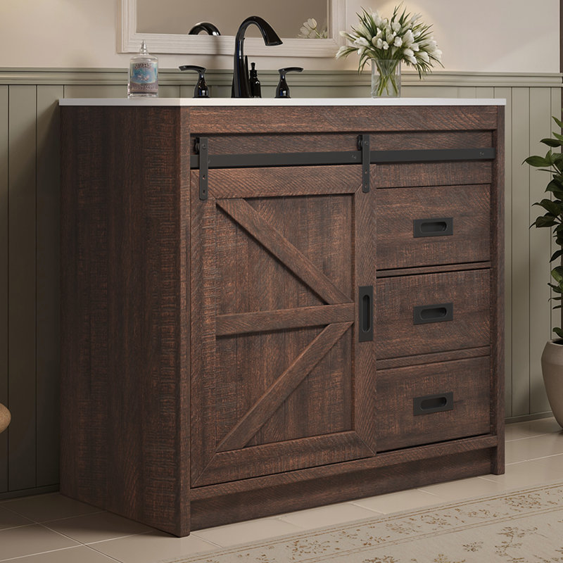 Meuble-lavabo simple avec comptoir en acrylique Chimira Farmhouse, Brun, 36"