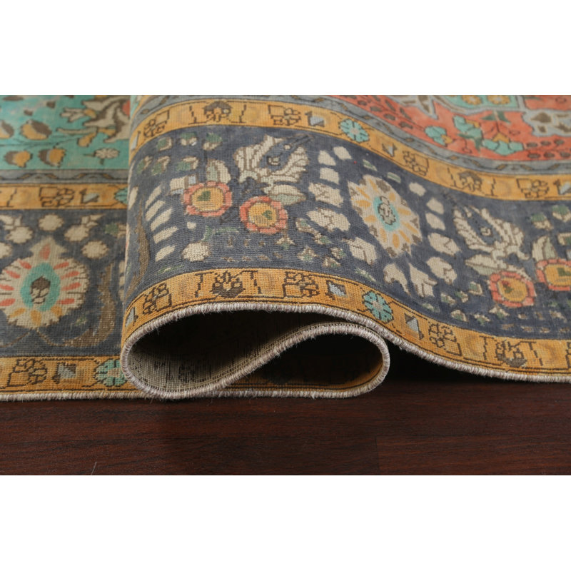Tapis unique noué à la main de style années 1960 de 9 pi 7 po x 13 pi bleu / gris / brun