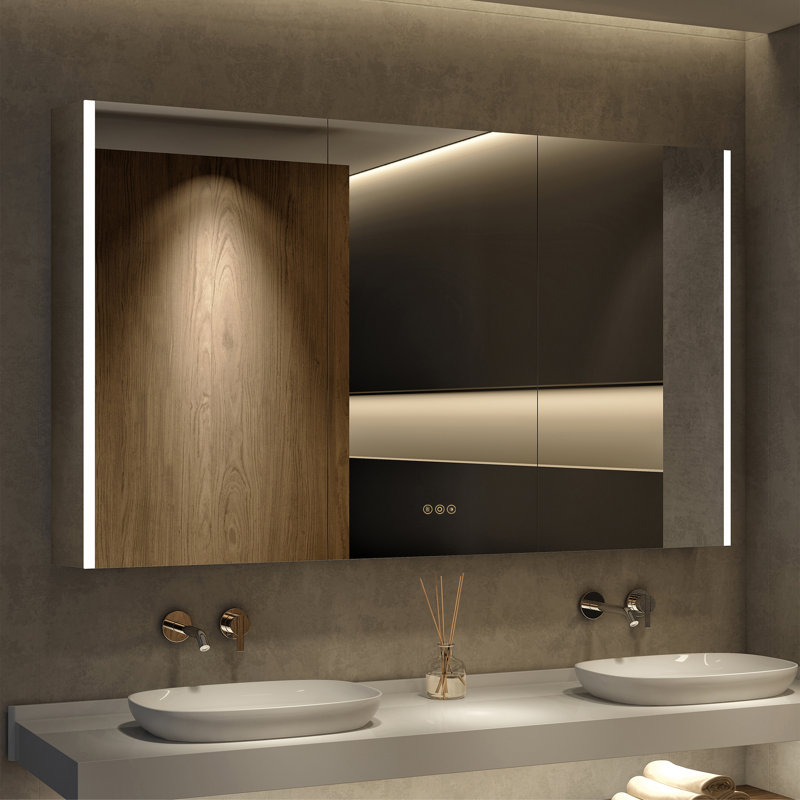 54" W x 32" H Jayland Rectangular Silver Aluminum Frame Recessed/Surface Mount Medicine Cabinet with Anti-Fog Mirrors, 3 Color Temperatures Dimmable Lights and Adjustable Glass Shelves for Bathroom