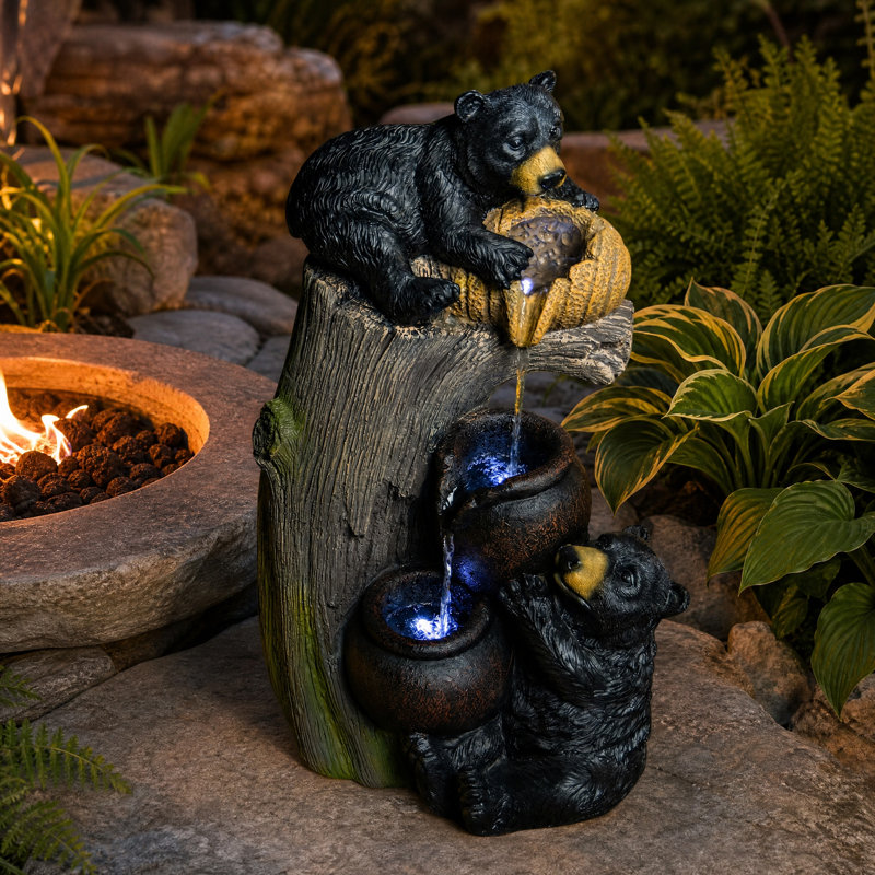 Outdoor Water Fountain with White LED Lights, 23.6" Resin Bear Garden Fountain