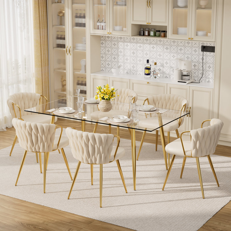 Ensemble repas en verre, Beige, 7 Pieces: Table, 6 Chairs, 29.5" H x 63" L x 31.5" W
