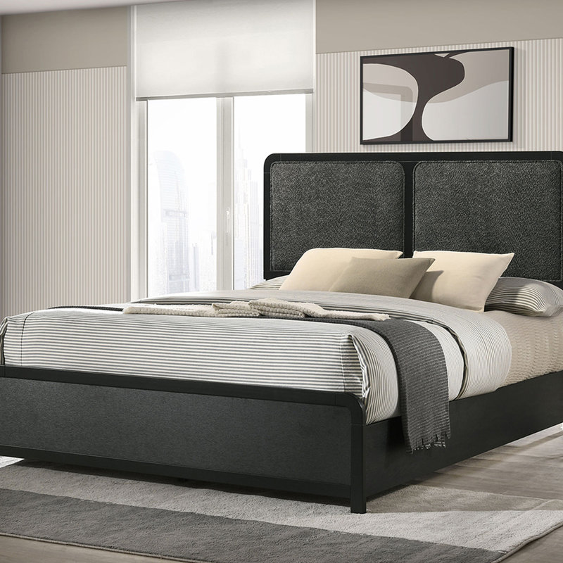 Grand lit avec cadre au fini noir, tête de lit tapissier gris anthracite, coins arrondis, placage bas pour un tissu moderne durable