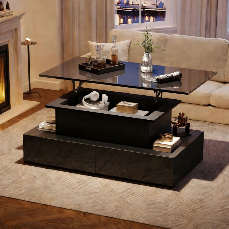 Table basse à hauteur réglable 35,4 po avec DEL et quatre tiroirs Fairmont, Noir