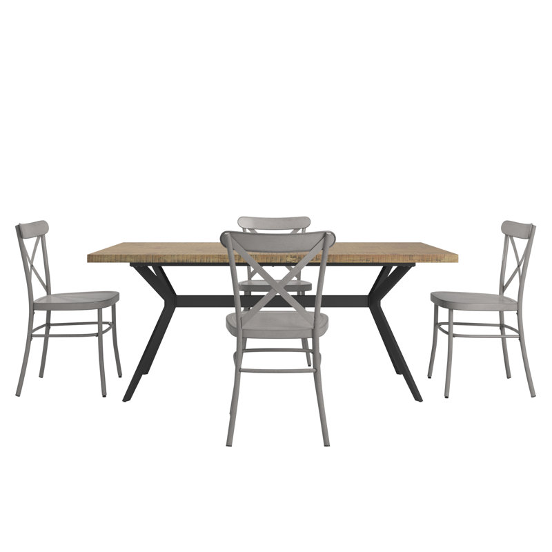 Devan 70" Iron Metal Base Dining Table And X-Back Metal Chairs Set - Table And 4 Chairs, Brown, Gray