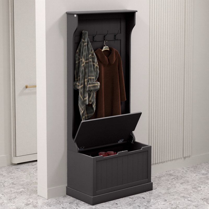 Arbre d'entrée noir 3 en 1 avec banc de rangement, armoire à chaussures et portemanteau noir