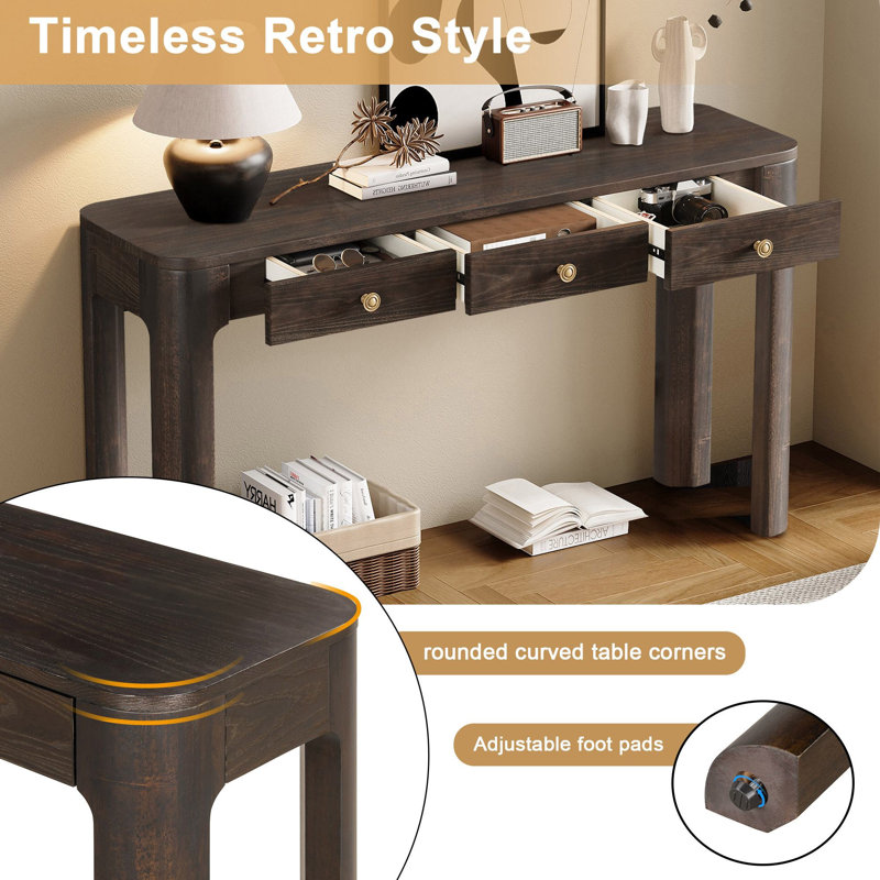 Chery 52'' Wooden Curved Console Table With 3 Concealed Drawers, Espresso