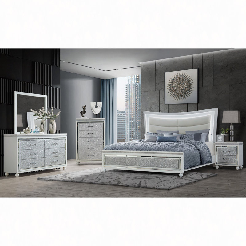 Modern Glamour Nightstand, Crushed Crystal Drawer Fronts, High-Gloss Zebrano Finish - Luxe Bedside Table