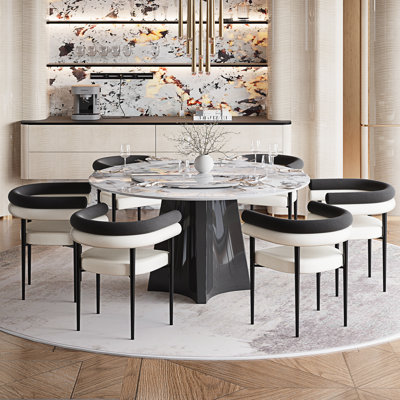 6 - Person Dining Table Set With 51'' Faux Marble Round Table Top With Lazy Susan And Upholstered Dining Chairs