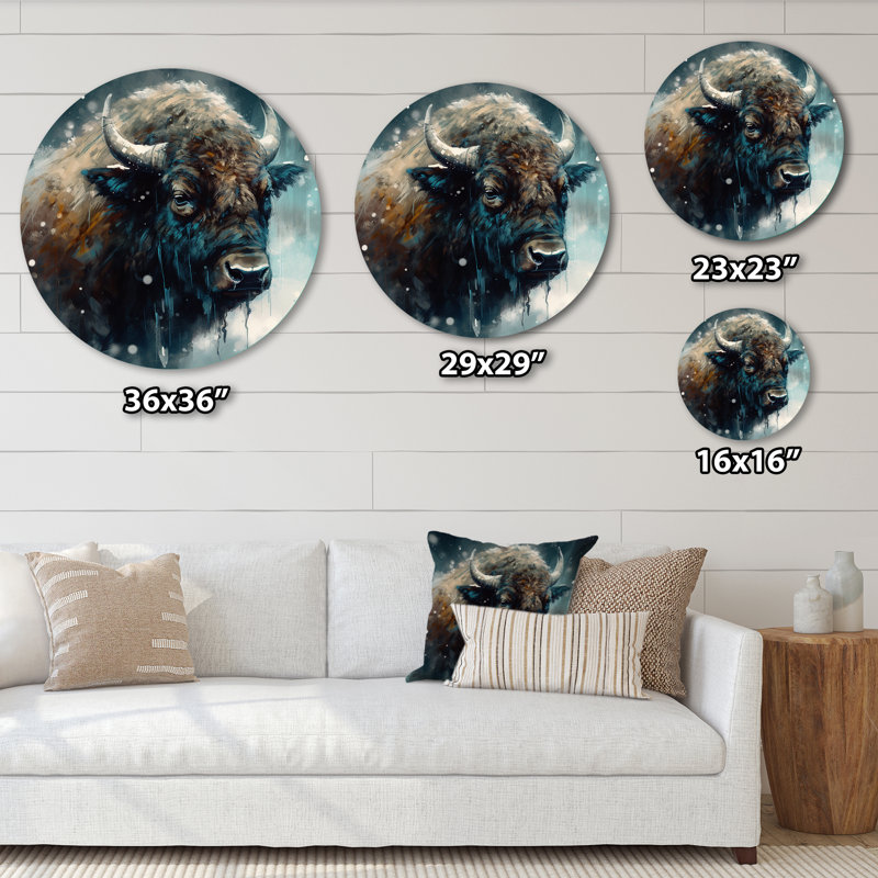 Portrait de bison dans la nature III - animaux, art en métal rond, H 16 po x l 16 po