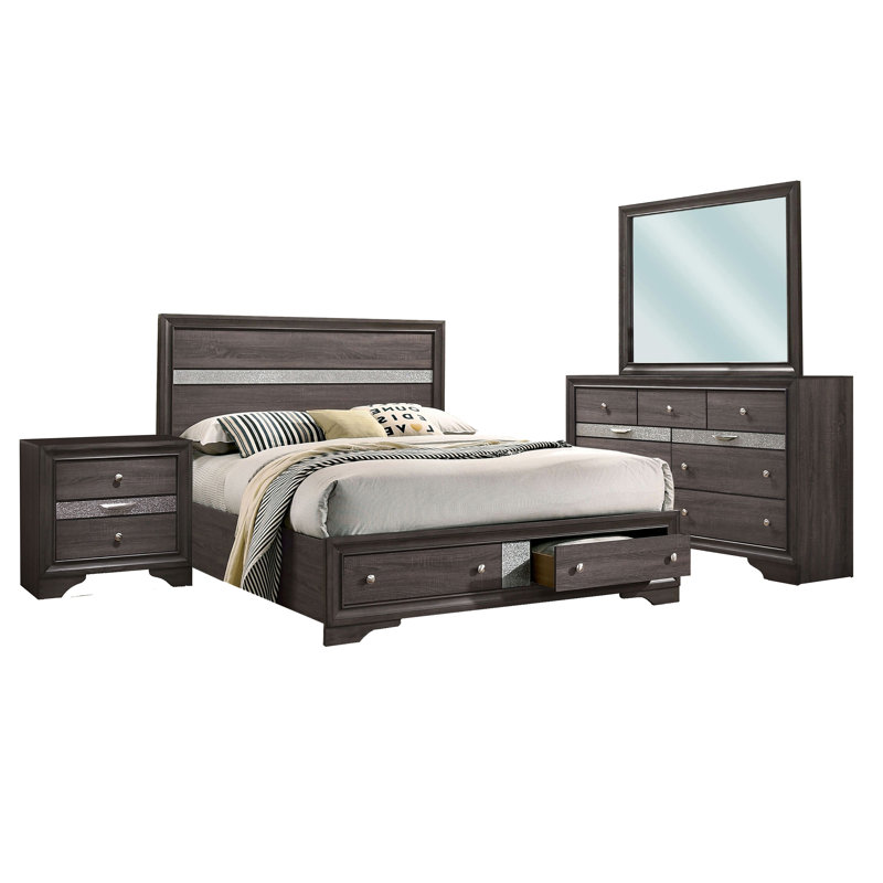 Ensemble de chambre à coucher 4 pièces Isy, boutons décoratifs argentés, gris contemporain, Grand