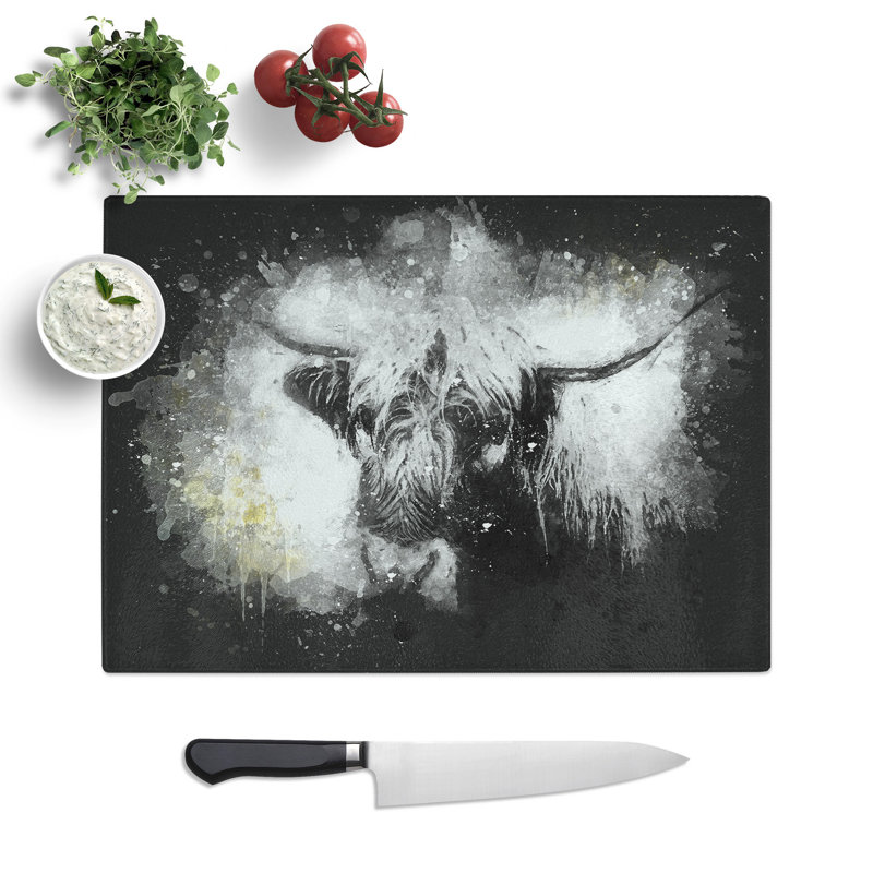 Tempered Glass Paint Splattered Highland Cow Chopping Board, 28.5 cm x 39 cm