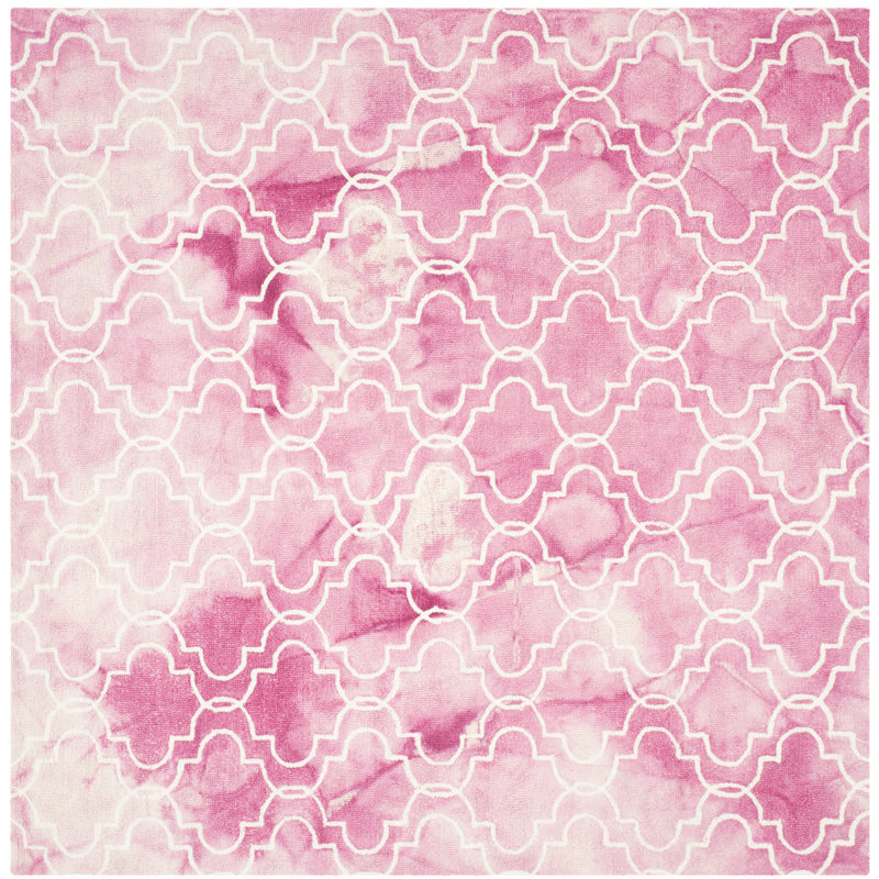 Tapis géométrique rose / ivoire en laine / coton touffeté à la main Berman, Carré 7 pi