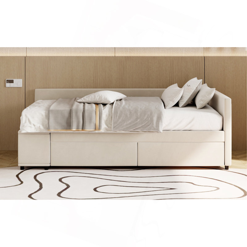 Lit plateforme simple tapissier en forme de L avec rangement et tiroirs, Beige