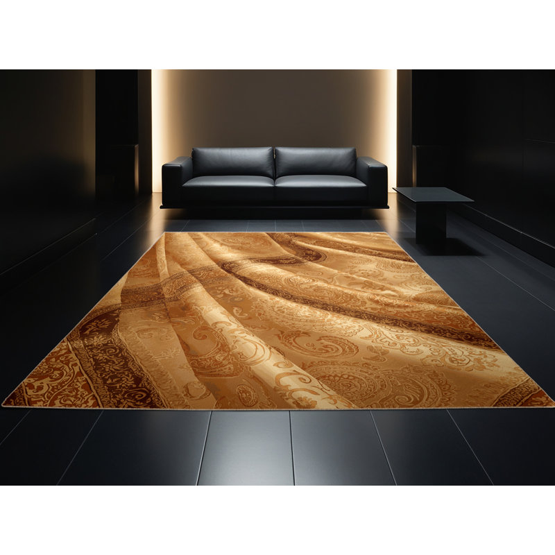 Tapis motif cachemire traditionnel brun et beige lavable à la machine, 7 x 10