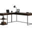 Bureau brun en forme de L avec gestion des câbles, 5 tablettes réglables, style contemporain, bureau léger et idéal pour le bureau, finition, rangement ouvert, présentation en bois d'ingénierie