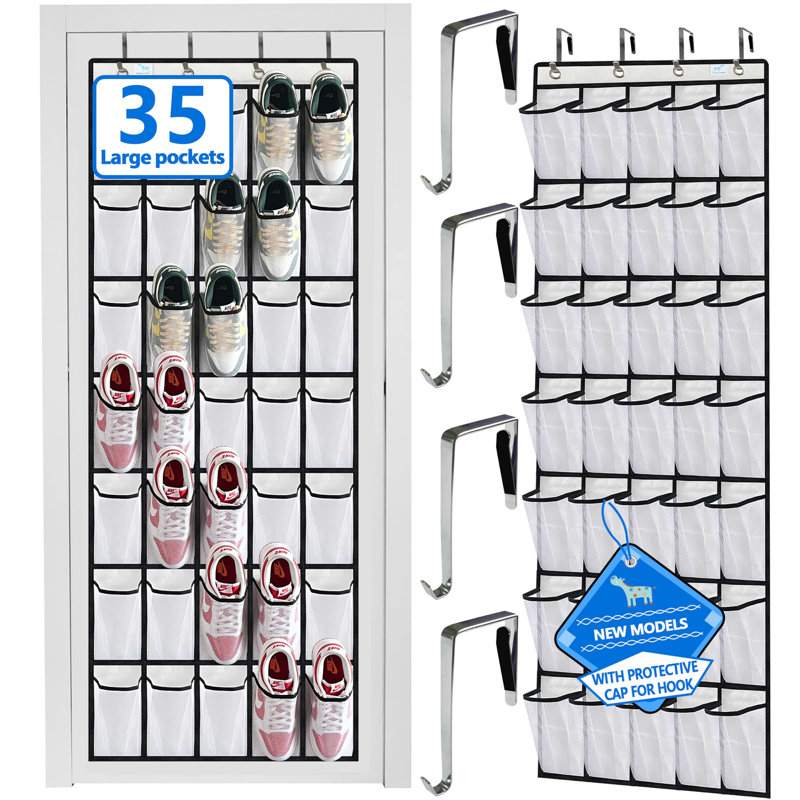 Over-the-Door Shoe Rack, 35 Large Pockets, Stores Size 13 Shoes, Sturdy Material, Hooks Fit All Doors, White
