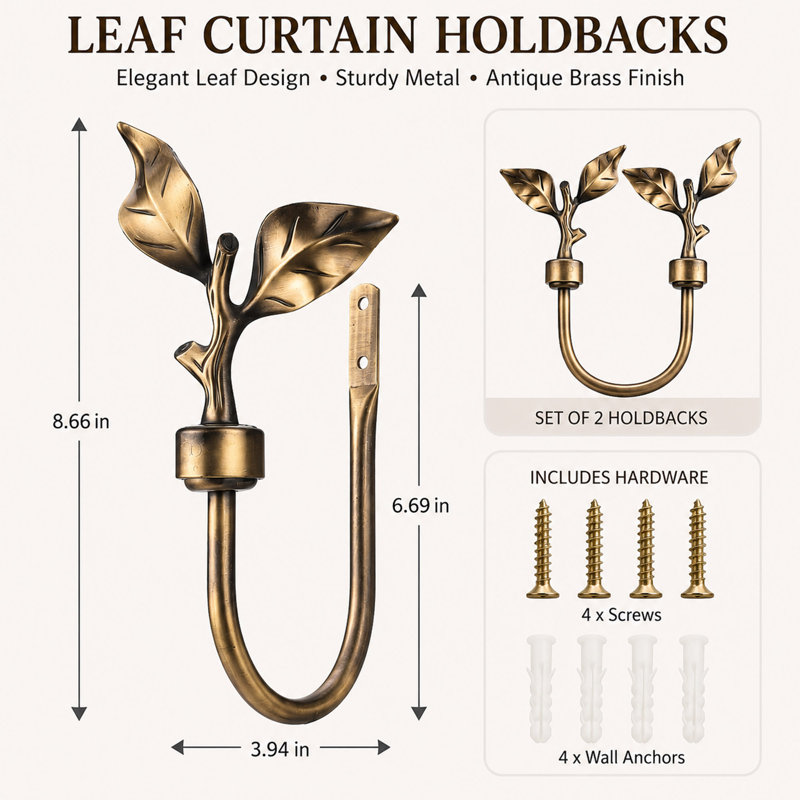 Bronze Leaf-Shaped Metal Curtain Holdbacks, 1 Pair