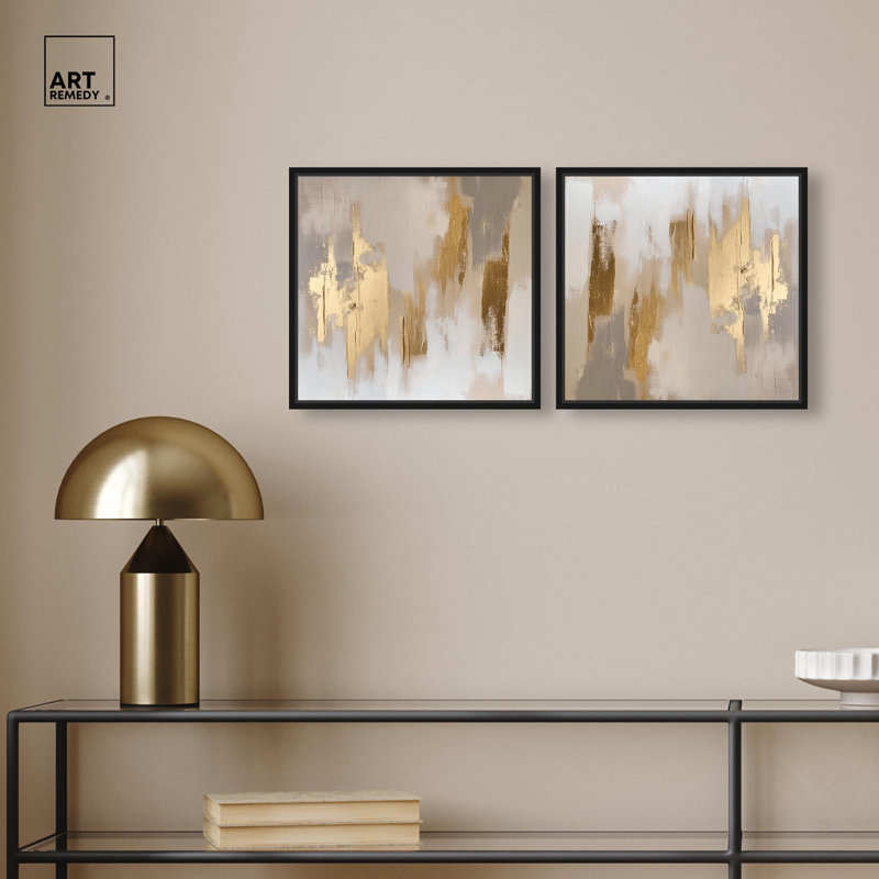 Taylor's Gold II Set Canvas Warm Boho Abstracts by Art Remedy, 13" H x 13" W, Black Framed