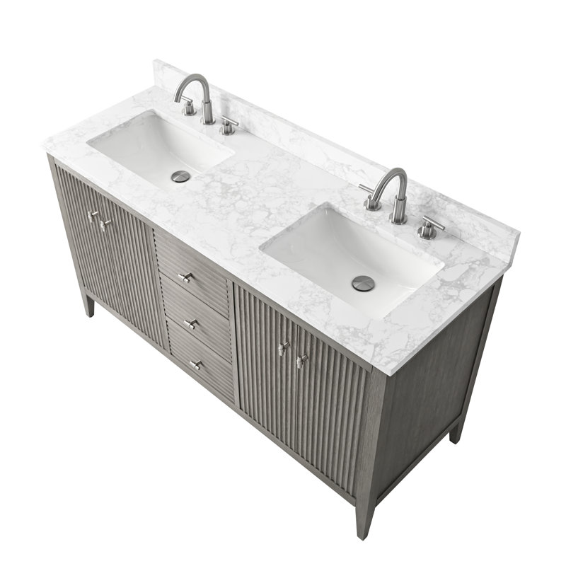 Laval 60" Double Sink Freestanding Bathroom Vanity with Engineered Marble Top, Brushed Nickel, Linear Driftwood Gray