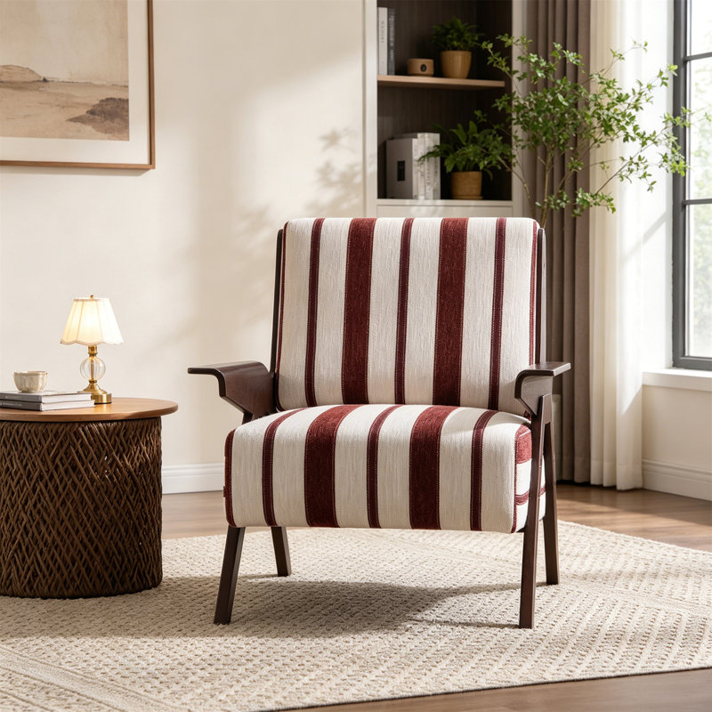 Fauteuil moderne avec accoudoirs élargis des deux côtés Pieds en bois massif confortables, White/Red