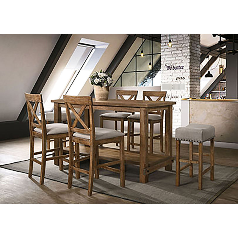 Assise à hauteur de comptoir en lin brun clair - Fabrication en bois rustique et design moderne 2