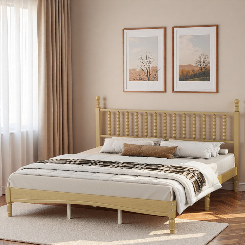 Lit plateforme de style rétro avec tête de lit en forme de gourde et support en lattes de bois, Très grand lit