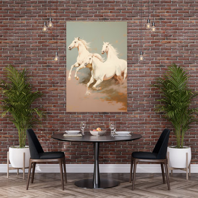 Art contemporain au galop, chevaux blancs au galop, paysage abstrait contemporain