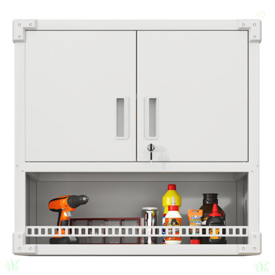 Armoire de rangement murale en métal avec porte verrouillable et 1 tablette 1 tiroir ouvert pour garage, entrepôt, assemblage requis