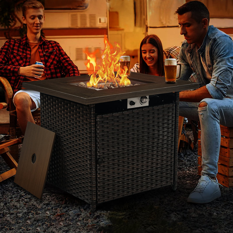 30" Outdoor Propane Fire Pit Table – 55000 BTU, Adjustable Flames, Wood Grain Finish, PE Rattan, Perfect For Patios And Decks, Includes Lava Rocks