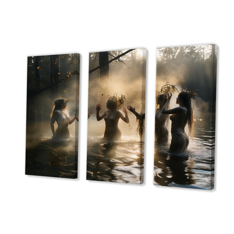 «Young Beautiful Goddesses Bathing In The River IV», reproduction sur toile 3 pièces, H 40 po x l 60 po x P 1 po