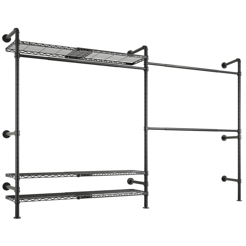  Portemanteau mural extensible F2 Pro pour vêtements suspendus, portemanteau robuste avec tablettes, système de garde-robe mural, ensemble de garde-robe noir
