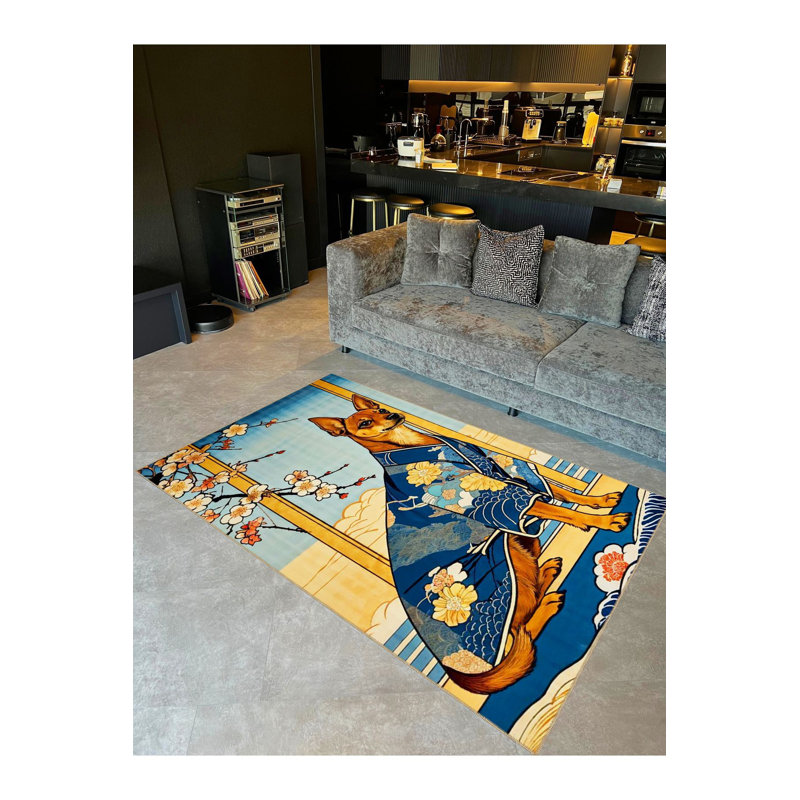 Tapis décoratif lavable à motif de fleurs et de chiens Sakura, Sous-tapis rectangulaire de 3 pi 3 po x 4 pi 11 po